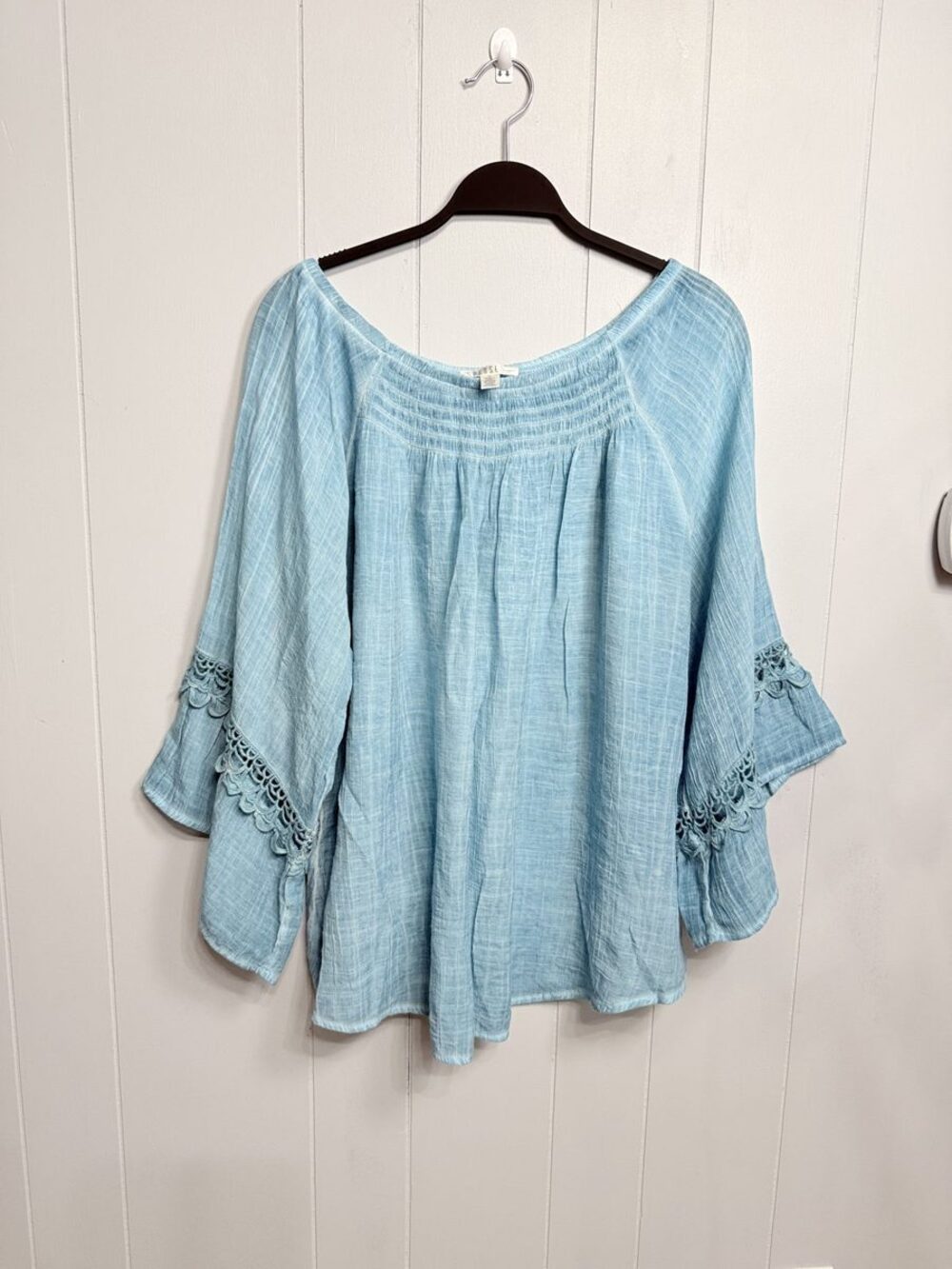 Spense Woman Aqua Gauze Peasant Top Smocked Neck Crochet Bell Sleeves Size 1X